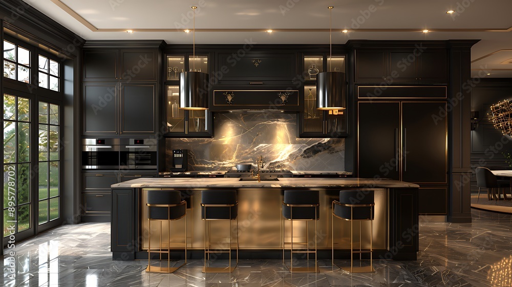 A Hollywood Regency kitchen with sleek black and gold cabinetry, marble countertops, mirrored backsplash, luxurious lighting fixtures, and a mix of modern and classic elements, hd quality, A Hollywood Regency kitchen with sleek black and gold cabinetry, marble countertops, mirrored backsplash, luxurious lighting fixtures, and a mix of modern and classic elements, hd quality,