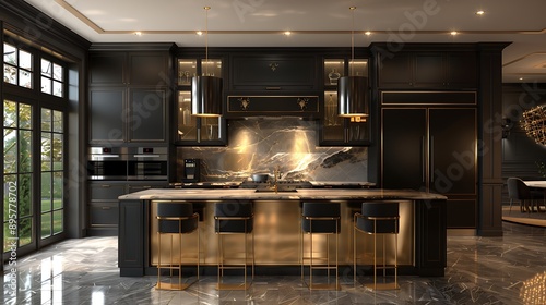 A Hollywood Regency kitchen with sleek black and gold cabinetry, marble countertops, mirrored backsplash, luxurious lighting fixtures, and a mix of modern and classic elements, hd quality,