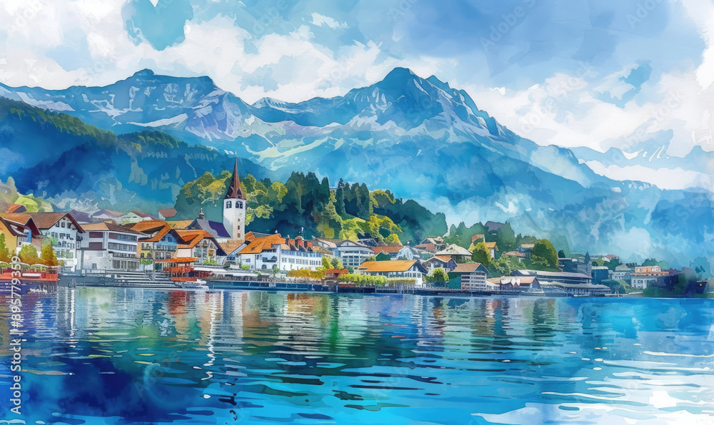 Naklejka premium Watercolor village Weggis, lake Lucerne , Pilatus mountain and Swiss Alps in the background near famous Lucerne city, Switzerland