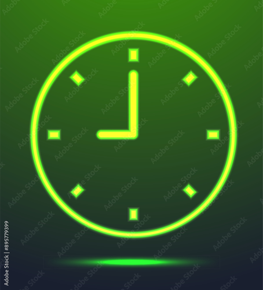 Green neon wall clock icon. Glowing time vector sign Green neon wall clock icon. Glowing time vector sign