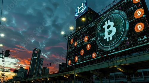 large, futuristic electronic billboard in a financial district displaying real-time cryptocurrency rates under a twilight sky photo