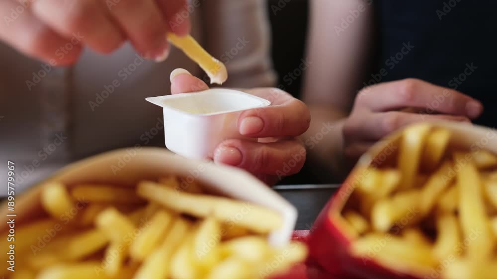 Mom And Young Daughter Enjoying French Fries With Dip In A Fast Food Joint Mom And Young Daughter Enjoying French Fries With Dip In A Fast Food Joint