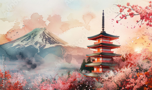 Watercolor Chureito Pagoda with Fuji Mountain Background in Sakura Spring Festival at Sunset, Fujiyoshida, Yamanashi, Japan