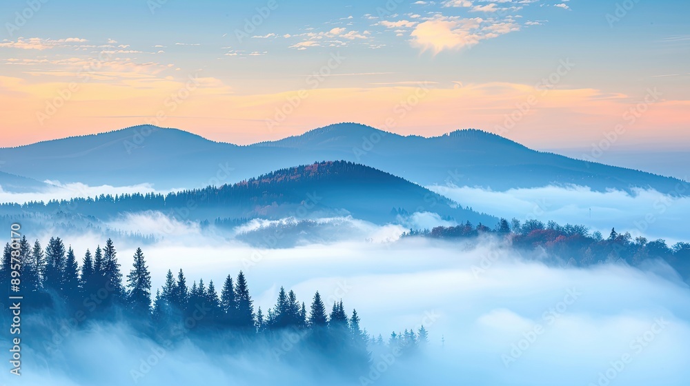 The sky is blue and the mountains are covered in fog The sky is blue and the mountains are covered in fog