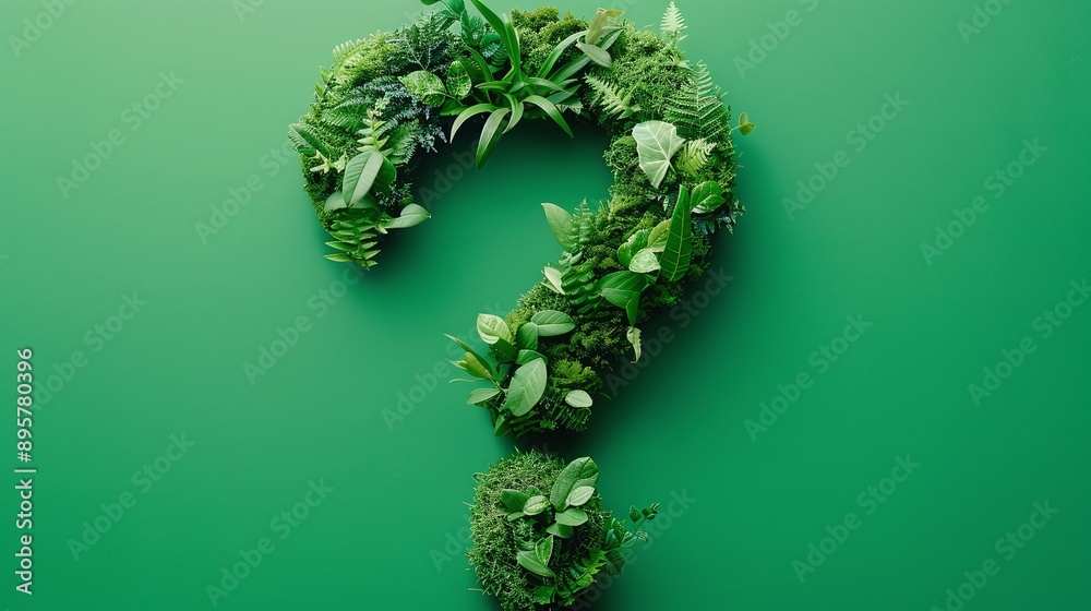 Question sign covered with green plants against green background Question sign covered with green plants against green background