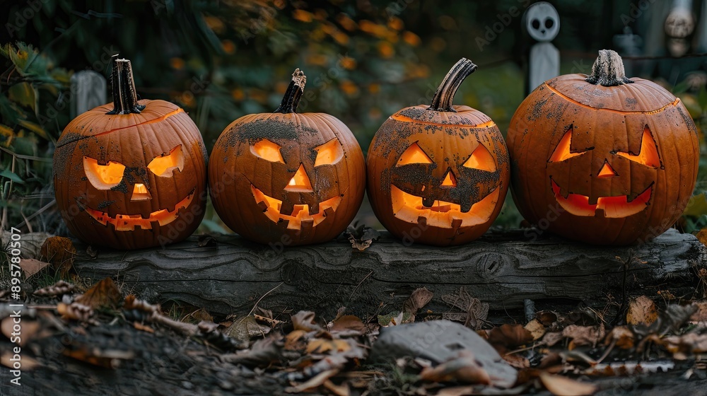 Four pumpkins with scary faces are sitting on a log Four pumpkins with scary faces are sitting on a log