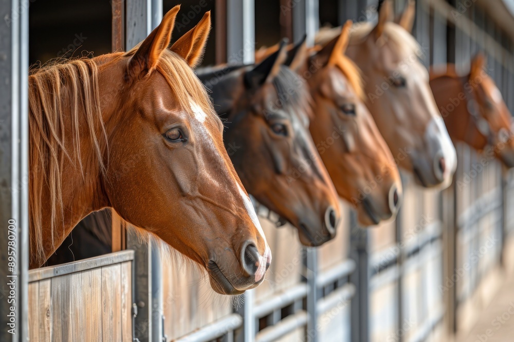 Fototapeta premium Beautiful horses in a stall in a row, horse corral on a sunny day