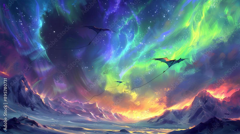 Flying Kites in an Aurora Borealis: Kites soar through an aurora borealis, their tails shimmering with colors that mirror the dancing lights of the polar sky.
Flying Kites in an Aurora Borealis: Kites soar through an aurora borealis, their tails shimmering with colors that mirror the dancing lights of the polar sky.