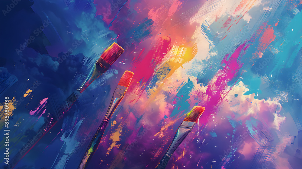 Fototapeta premium Giant Floating Paintbrushes Painting the Sky: Oversized paintbrushes sweep across the sky, each stroke leaving trails of vibrant colors against a backdrop of abstract geometric shapes.