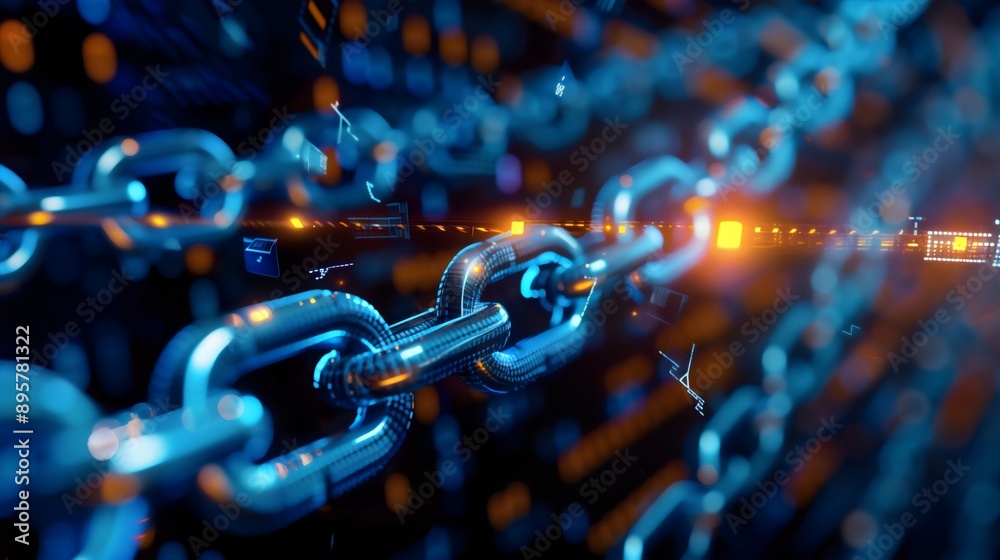 An illustration of a digital chain internet network, symbolizing a business connection, crypto data specifications, high-tech graphic innovation. Dark background, blue lightning futuristic elements An illustration of a digital chain internet network, symbolizing a business connection, crypto data specifications, high-tech graphic innovation. Dark background, blue lightning futuristic elements