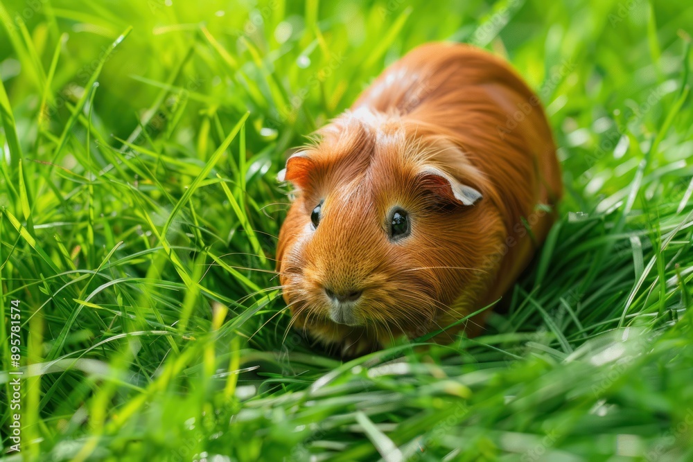 Adorable Guinea Pig Enjoying Summer Walk in Fresh Green Grass - Cute Pet Rodent Eating Outdoors Adorable Guinea Pig Enjoying Summer Walk in Fresh Green Grass - Cute Pet Rodent Eating Outdoors