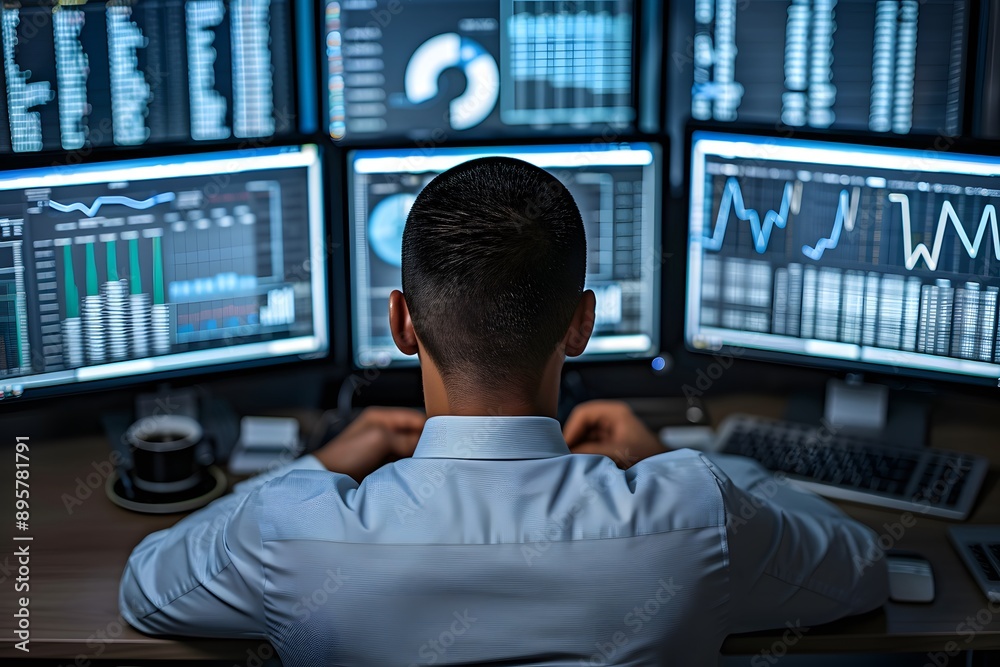Professional analyzing financial data on multiple monitors in a high-tech office Professional analyzing financial data on multiple monitors in a high-tech office