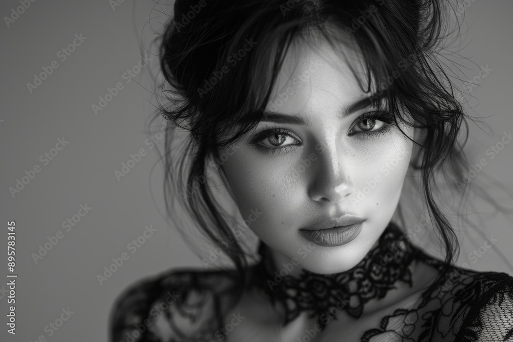 Black and white portrait of a woman with striking eyes and elegant features. Black and white portrait of a woman with striking eyes and elegant features.