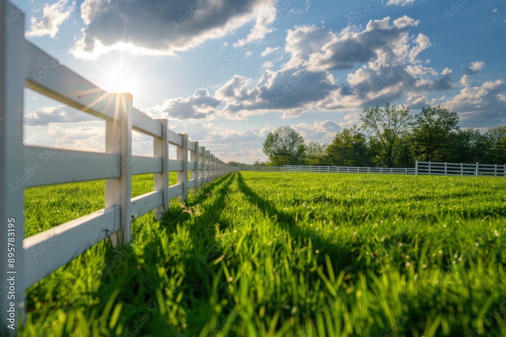 Fototapeta premium Classic White fence and green grass and flowers on sunny countryside spring landscape, background