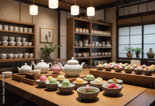  Traditional tea shop in Japan with delicate tea sets and wagashi sweets. 