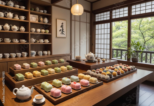  Traditional tea shop in Japan with delicate tea sets and wagashi sweets. 