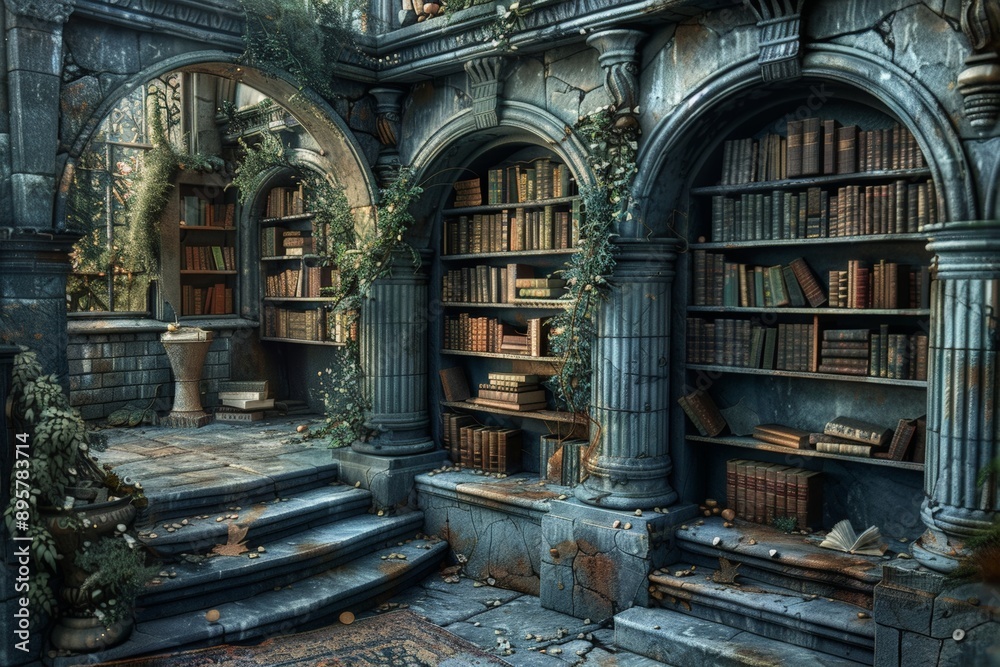 Enchanting ancient library with stone arches, overgrown with plants and filled with old books. Enchanting ancient library with stone arches, overgrown with plants and filled with old books.
