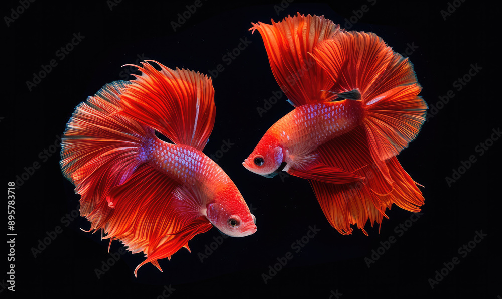 Beautiful movement of red betta fish, Two Fancy Halfmoon Betta, The moving moment beautiful of Siamese Fighting fish, Betta splendens, Rhythmic of Betta fish isolated on black background Beautiful movement of red betta fish, Two Fancy Halfmoon Betta, The moving moment beautiful of Siamese Fighting fish, Betta splendens, Rhythmic of Betta fish isolated on black background