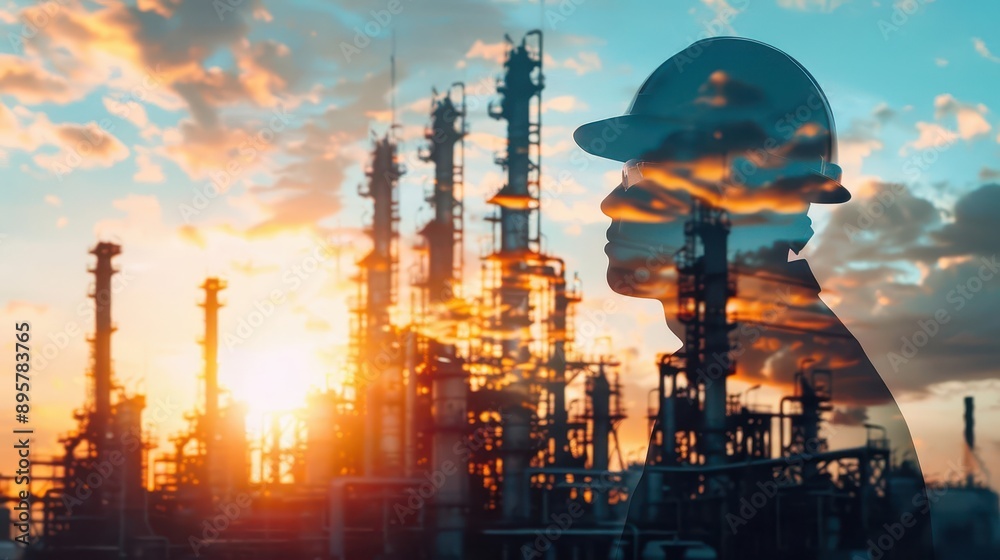 double exposure portrait of engineer in hard hat merged with industrial oil refinery warm sunset tones blend with cool steel blues symbolizing the human element in modern energy production double exposure portrait of engineer in hard hat merged with industrial oil refinery warm sunset tones blend with cool steel blues symbolizing the human element in modern energy production