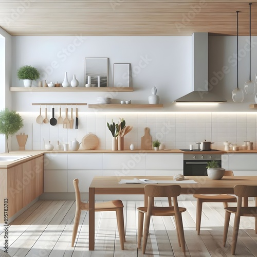 Modern Kitchen Interior With White Cabinets and Wood Accents