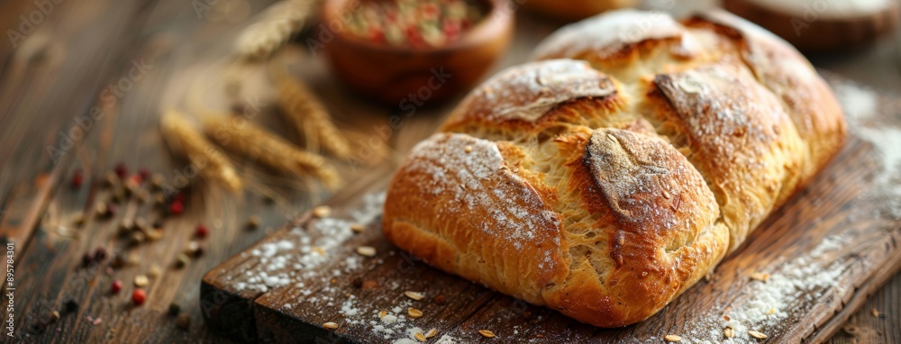 Close-up of two freshly baked bread loaves with sesame seeds, surrounded by wheat stalks on a rustic wooden table. Close-up of two freshly baked bread loaves with sesame seeds, surrounded by wheat stalks on a rustic wooden table.