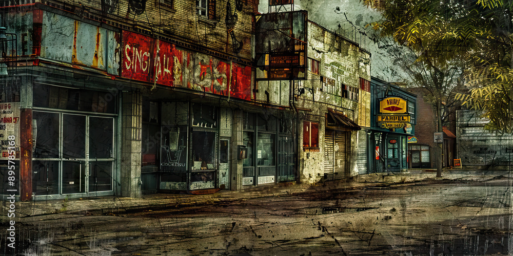 Fototapeta premium Deserted Dreams: A forsaken small-town main street, lined with empty storefronts and faded advertisements.