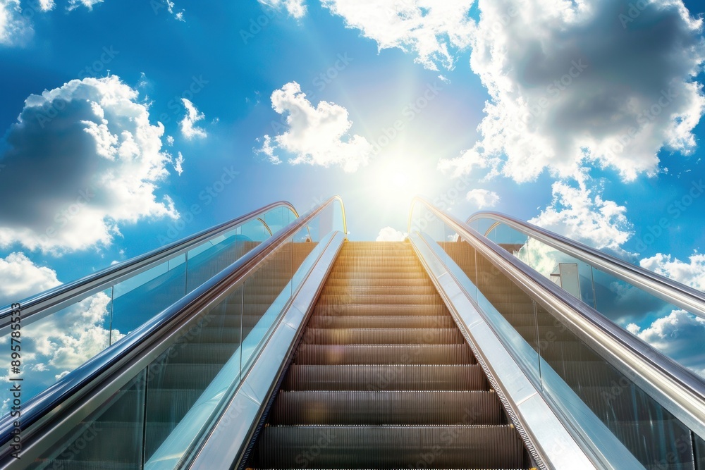 Close-up of a modern staircase escalator into the sky with bright sunshine and fluffy white clouds Close-up of a modern staircase escalator into the sky with bright sunshine and fluffy white clouds
