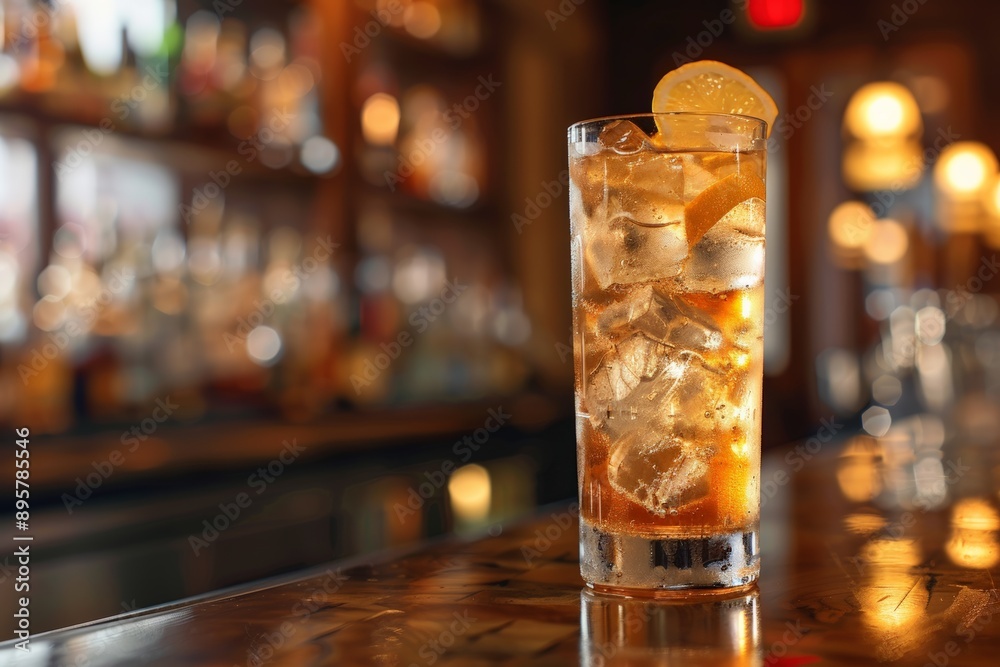 Tall glass filled with a golden-brown cocktail, ice cubes, and a bar background. Tall glass filled with a golden-brown cocktail, ice cubes, and a bar background.