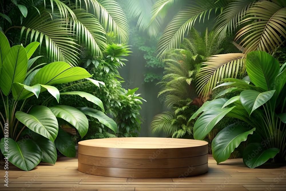 Background podium jungle product platform 3D green wood display pedestal. Background podium jungle tree nature leaf tropical cosmetic summer forest plant garden stage water presentation stone table. Background podium jungle product platform 3D green wood display pedestal. Background podium jungle tree nature leaf tropical cosmetic summer forest plant garden stage water presentation stone table.