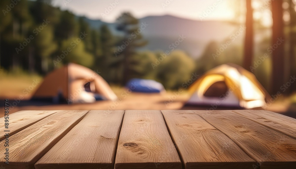 Campfire Comfort: Wooden Table in a Blurred Camping Scene Campfire Comfort: Wooden Table in a Blurred Camping Scene