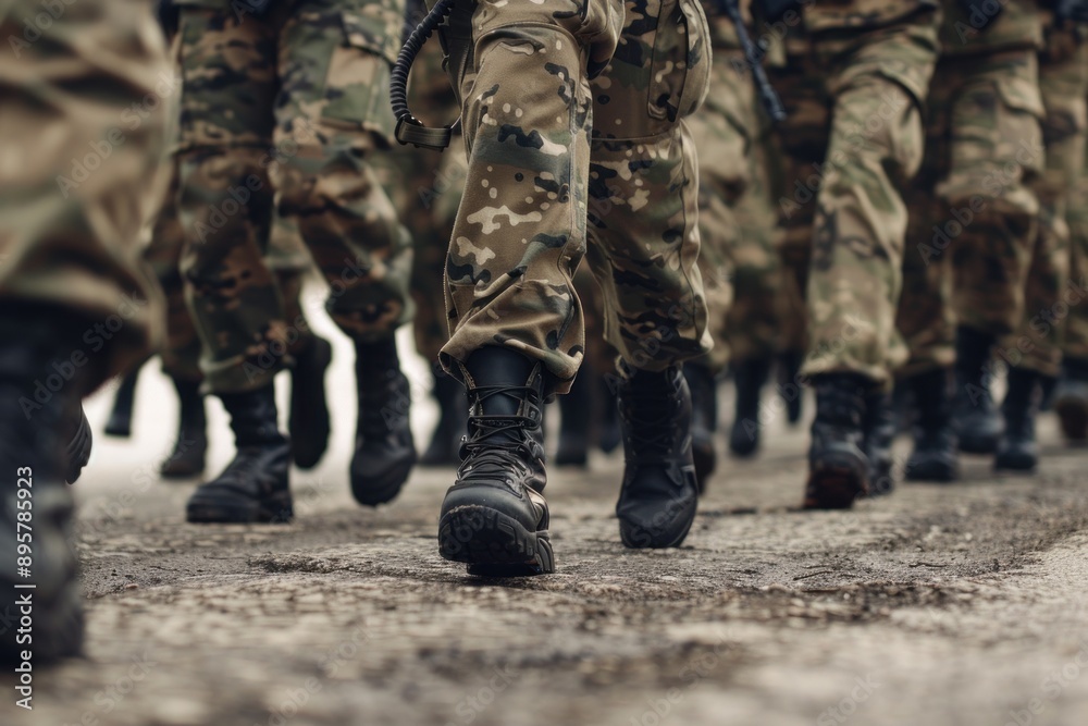 Closeup of army soldiers marching in formation on military parade ground Closeup of army soldiers marching in formation on military parade ground