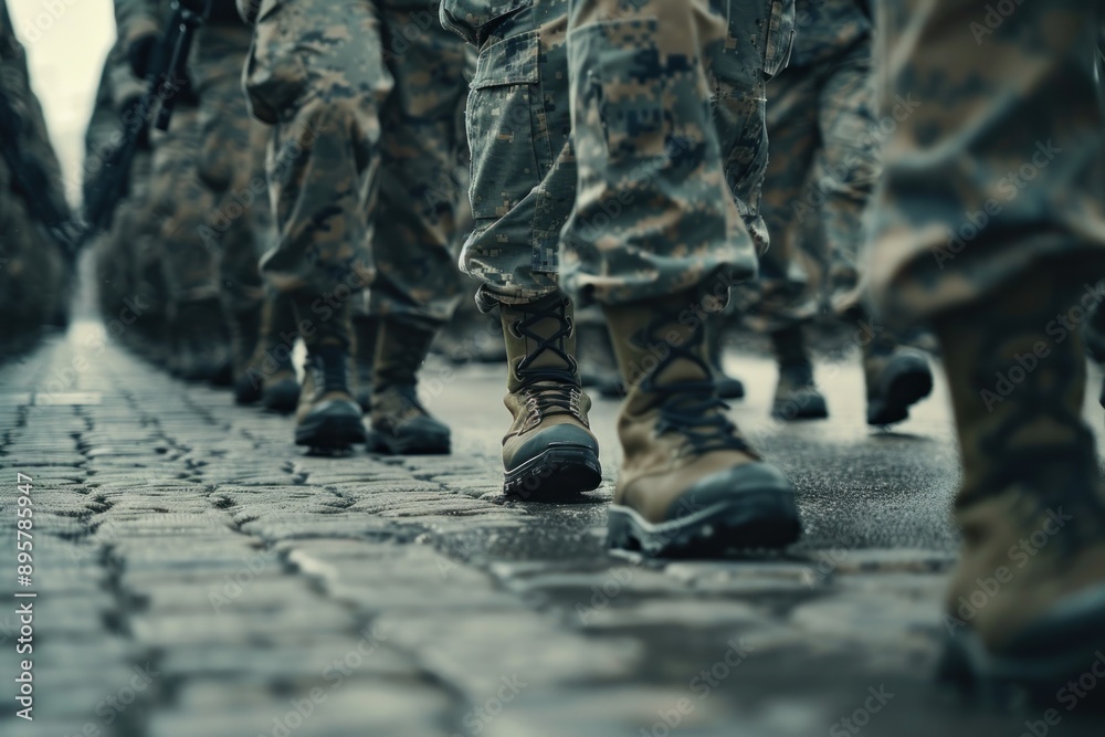 Closeup of army soldiers marching in formation on military parade ground