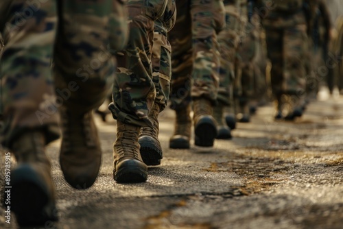 Closeup of army soldiers marching in formation on military parade ground