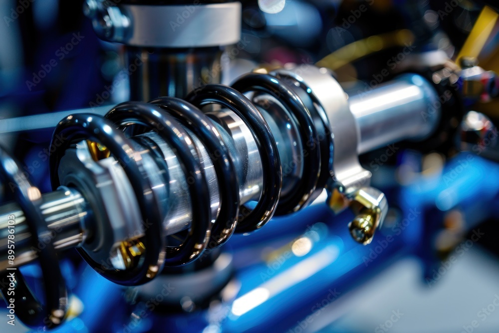 Close-Up of Car Suspension System. Close-up view of a car shock absorber and spring assembly Close-Up of Car Suspension System. Close-up view of a car shock absorber and spring assembly