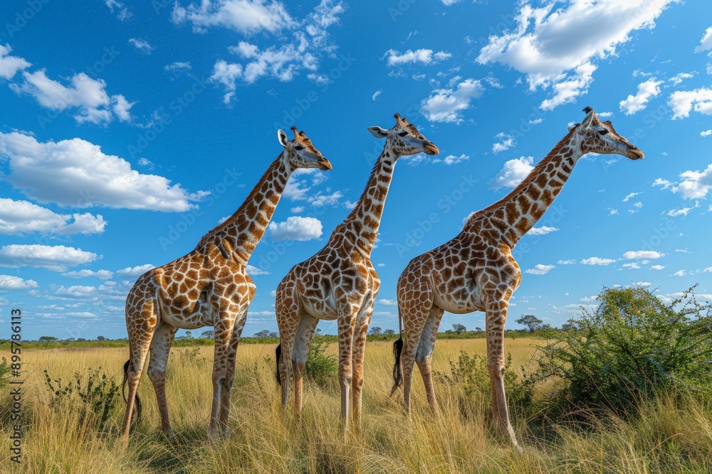 Obraz premium Three giraffes standing in the savannah under a bright blue sky with scattered clouds.