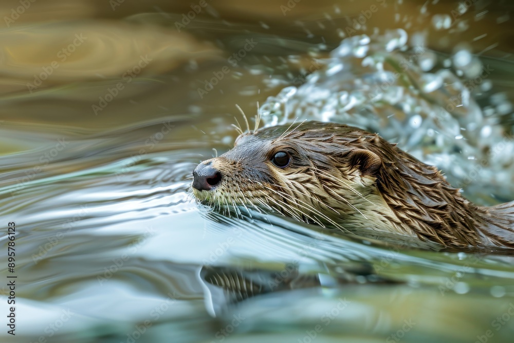 A close-up of a European otter swimming gracefully in a clear river. 