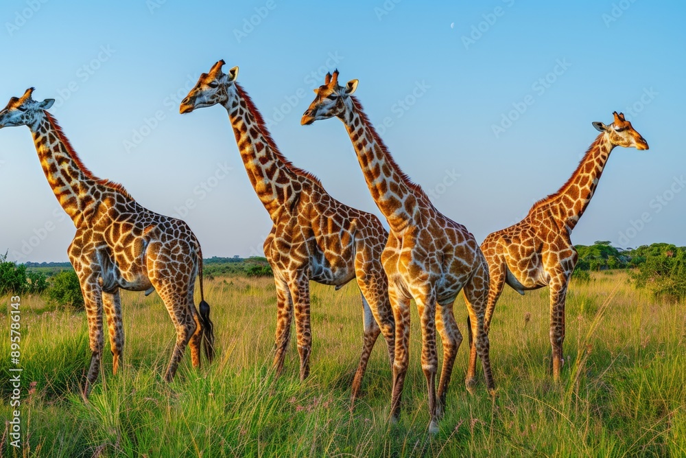 Obraz premium Three giraffes standing in the savannah under a bright blue sky with scattered clouds.