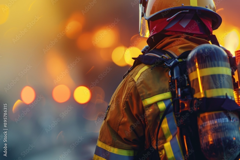 Close-up of firefighter in gear with fire building blurred background space for text Close-up of firefighter in gear with fire building blurred background space for text