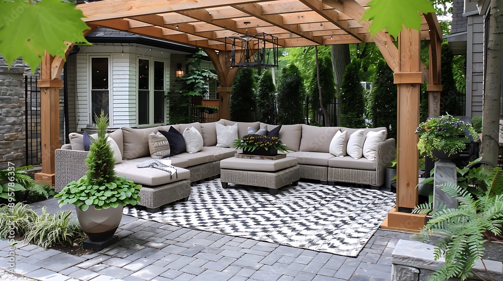 A transitional patio with comfortable outdoor furniture, neutral cushions, elegant lighting, and a blend of modern and traditional elements, creating a cozy and inviting outdoor space, hd quality, A transitional patio with comfortable outdoor furniture, neutral cushions, elegant lighting, and a blend of modern and traditional elements, creating a cozy and inviting outdoor space, hd quality,