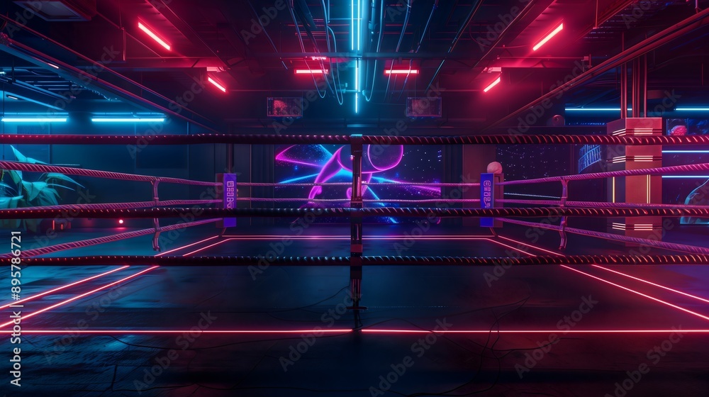 A close-up of an abstract futuristic modern box ring with neon led light. Dark atmosphere, nobody, kickbox or MMA, sport equipment around, high-tech look, open space, digital elements, game fight A close-up of an abstract futuristic modern box ring with neon led light. Dark atmosphere, nobody, kickbox or MMA, sport equipment around, high-tech look, open space, digital elements, game fight