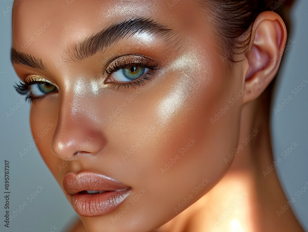 A woman with gold eyeshadow and glittery makeup. She has a bright and confident look on her face