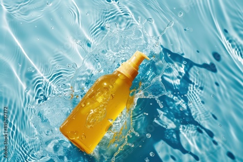 Cosmetic sunscreen product on blue water surface with splashes and drops. Body care health concept