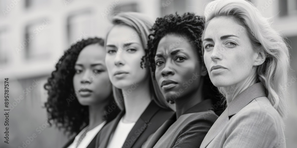 Group of women standing and smiling at each other Group of women standing and smiling at each other