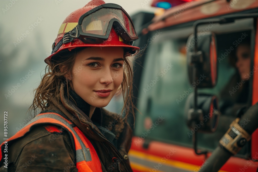 A female firefighter in uniform, standing in front of a fire truck, looking determined and confident.