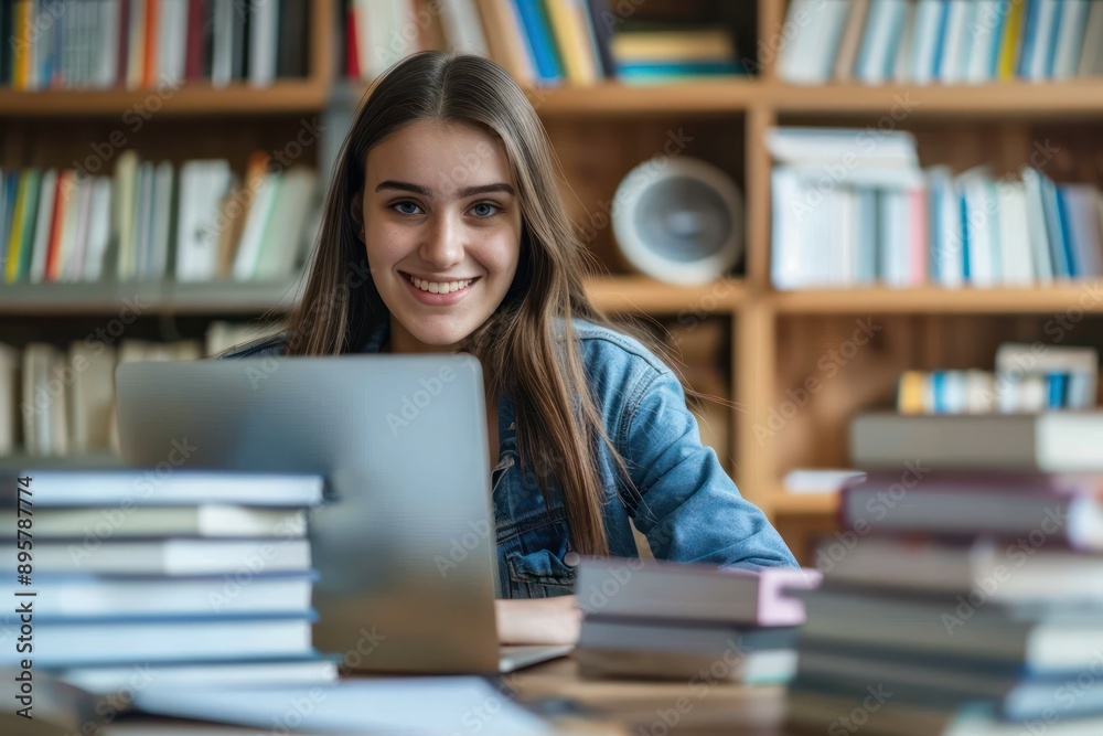 Determined college girl sitting at a study desk, surrounded by books and papers, smiling as she complete Determined college girl sitting at a study desk, surrounded by books and papers, smiling as she complete