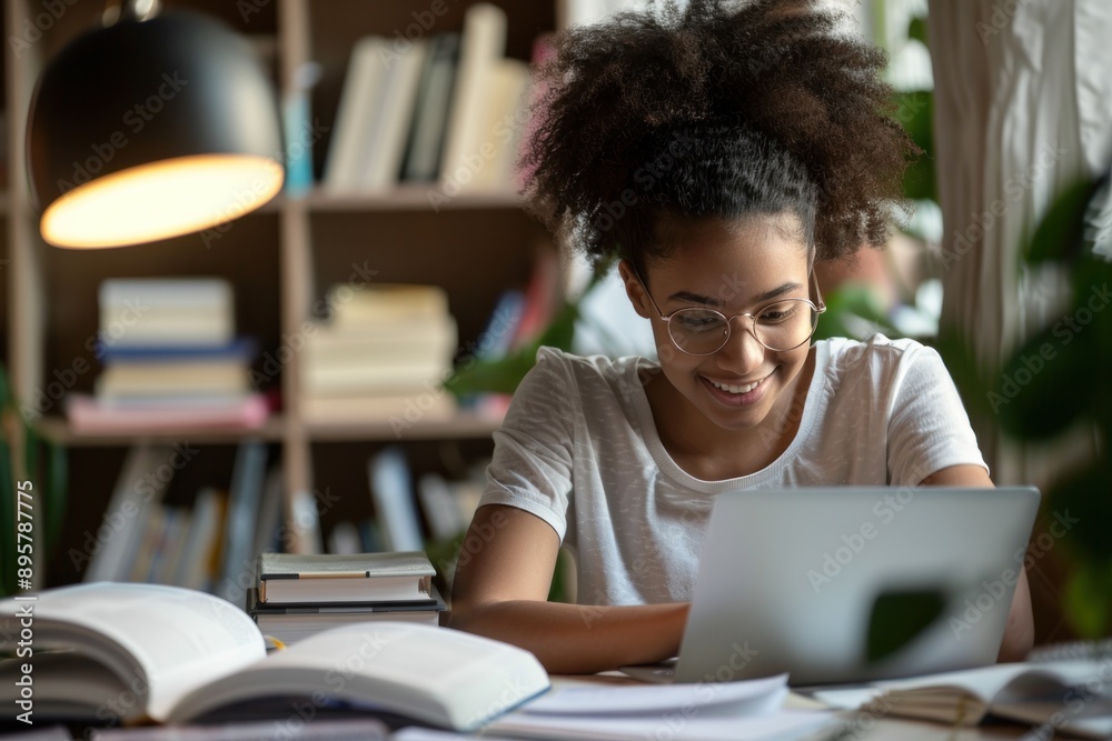 Determined college girl sitting at a study desk, surrounded by books and papers, smiling as she complete