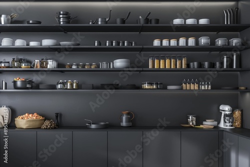 A modern kitchen with sleek black shelves showcasing neatly organized crockery, food items, glass jars, and containers, highlighting an efficient and aesthetic design.