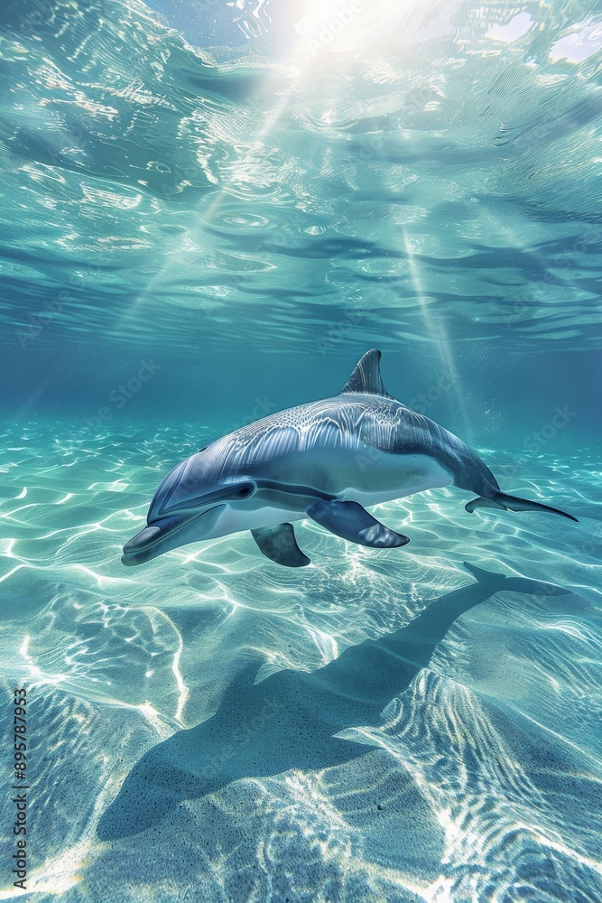 Fototapeta premium A dolphin glides effortlessly under crystal clear waters, with bright sunlight illuminating its graceful form, creating a peaceful underwater scene full of light and calm.
