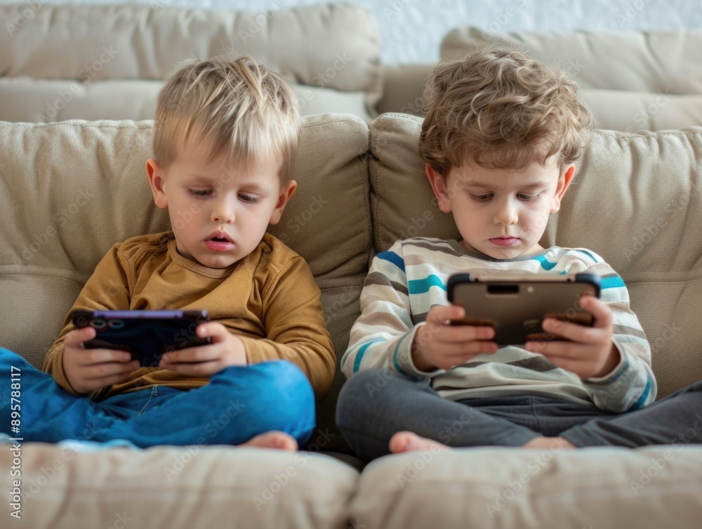 Two young boys sitting on a couch playing games on their mobile phones Two young boys sitting on a couch playing games on their mobile phones