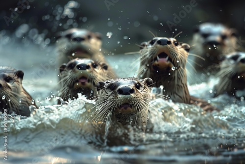 A group of otters energetically swim and splash through the vibrant water, their dynamic movements and lively expressions capturing the essence of playful nature. © ChaoticMind